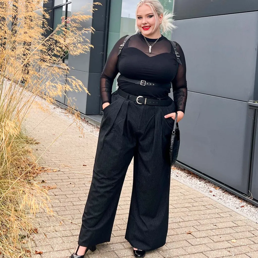 Wide Leg Pinstripe Tailored Trousers - Black