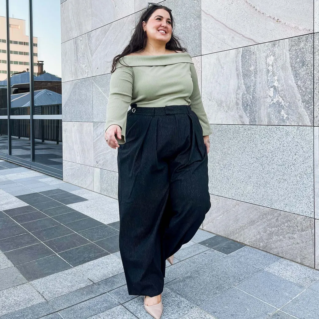 Wide Leg Pinstripe Tailored Trousers - Black