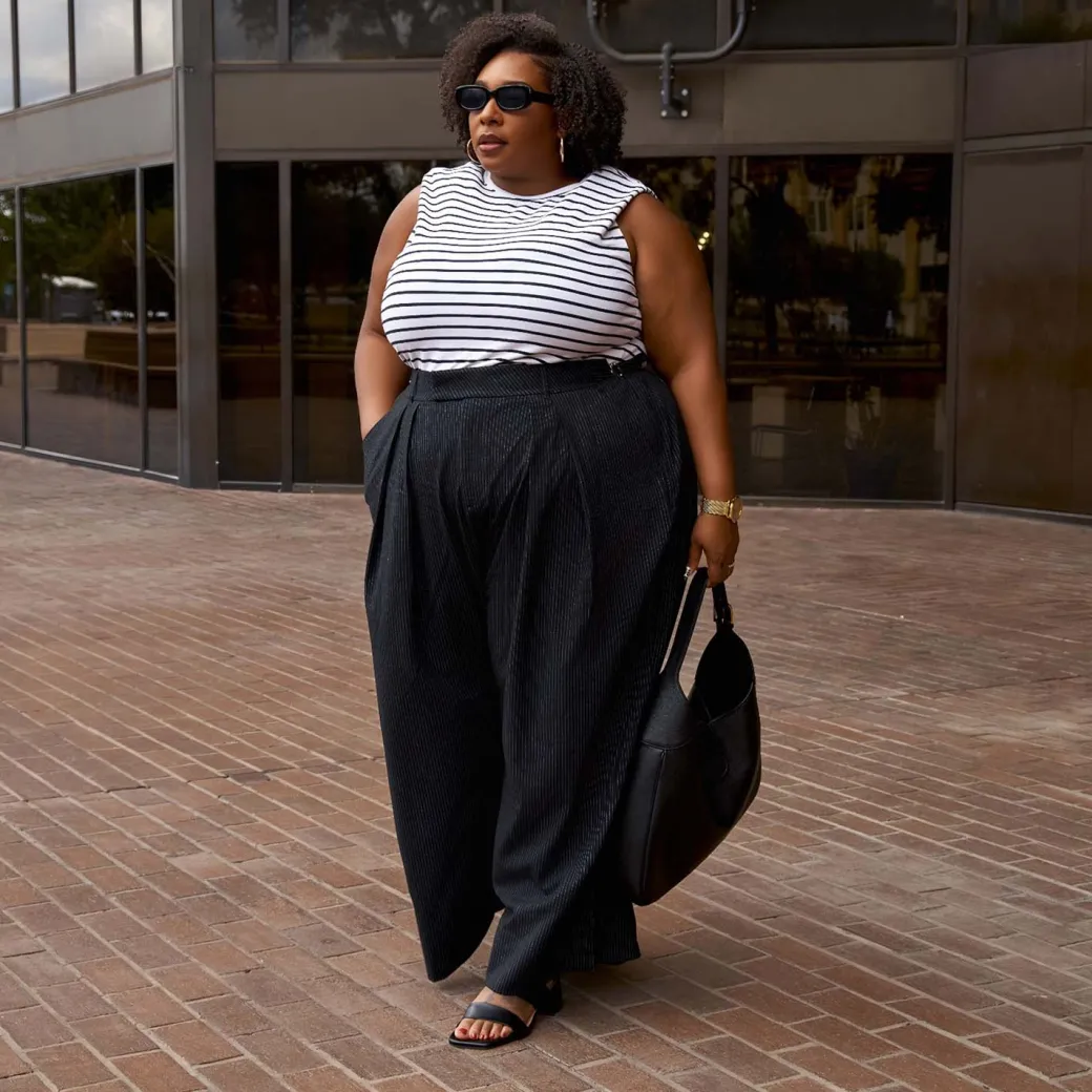 Wide Leg Pinstripe Tailored Trousers - Black