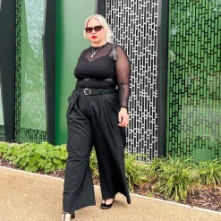 Wide Leg Pinstripe Tailored Trousers - Black