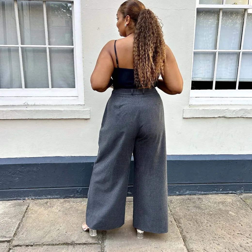 Wide Leg Pinstripe Tailored Trousers - Charcoal