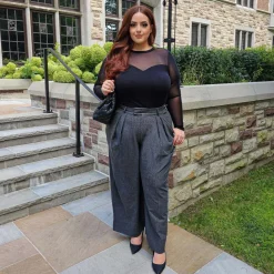 Wide Leg Pinstripe Tailored Trousers - Charcoal