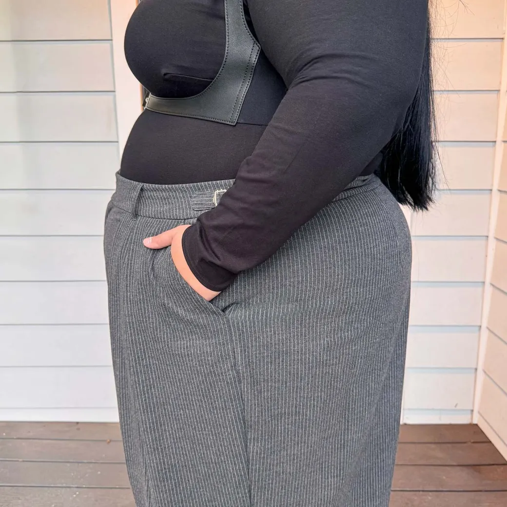 Wide Leg Pinstripe Tailored Trousers - Charcoal