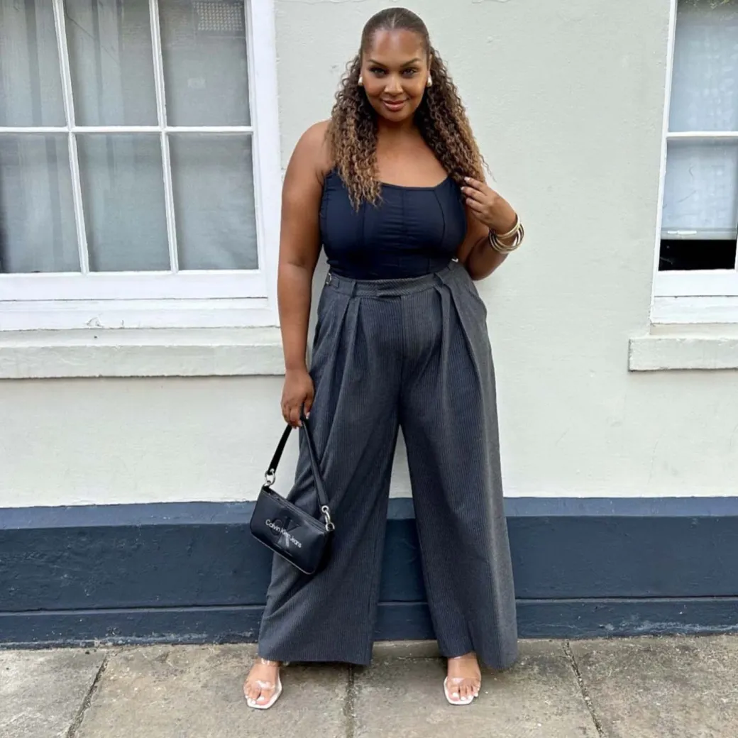 Wide Leg Pinstripe Tailored Trousers - Charcoal